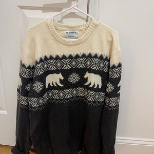 Old Navy Men's Sweater with Bear Pattern in Black and Cream
